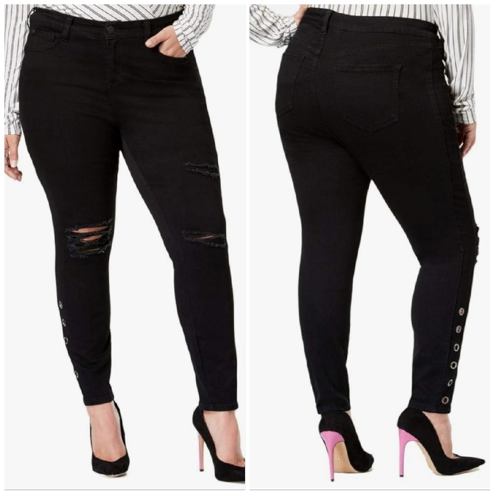 Celebrity Pink Mid Rise Ankle Skinny Black Distressed Jeans Sz 13/31 Grommet Hem